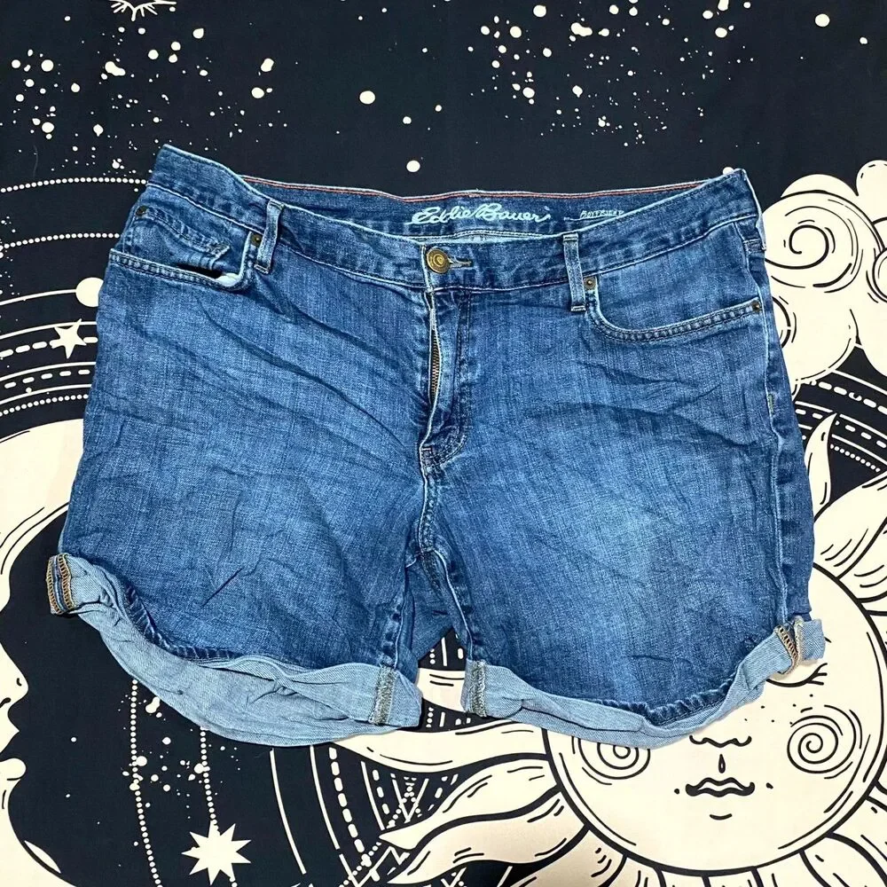 Eddie Bauer Boyfriend Shorts Women's 12 Blue Cotton Denim Cuffed Summer Stretch